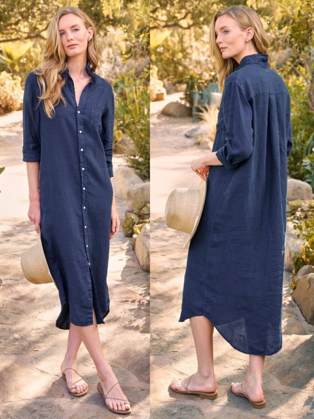 Frank & Eileen Rory Dress Navy Blue Washed Linen Maxi Shirtdress Size L